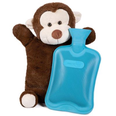 HomeTop Premium Classic Rubber Hot or Cold Water Bottle with Cute Stuffed Monkey Cover (2 Liters, Blue)