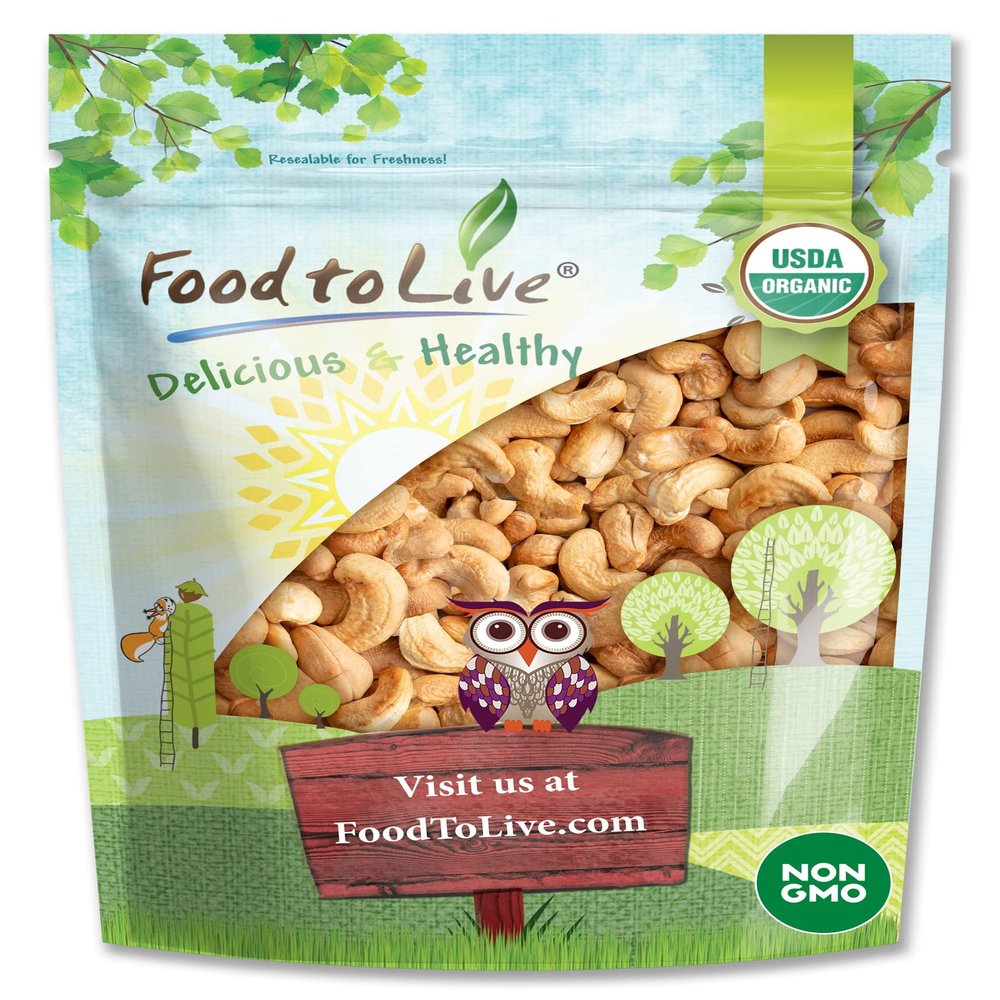 Food to Live Organic Dry Roasted Whole Cashews, 5 Pounds Non-GMO, Unsalted, Oven Roasted Nuts, No Oil Added, Kosher, Vegan, Bulk. Crunchy Texture. Good Source of Protein and Healthy Fats