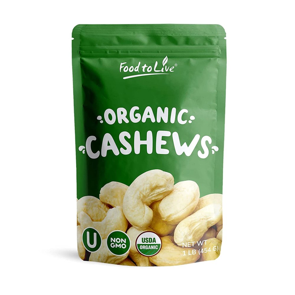 Food to Live Organic Dry Roasted Whole Cashews, 1 Pound Non-GMO, Unsalted, Oven Roasted Nuts, No Oil Added, Kosher, Vegan, Bulk. Crunchy Texture. Good Source of Protein and Healthy Fats