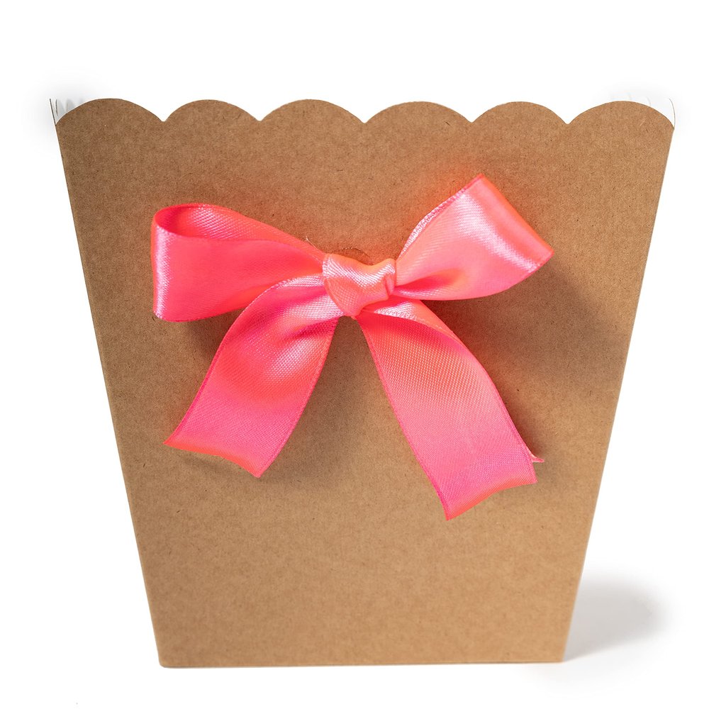 FELANAS 6 Pack Brown Popcorn Boxes with Pink Ribbon | Great for Movies, Baseball, Night Decorations, Candy Boxes Party Favors | 17 x 17 x 21 CM : 6.8"x 6.8"x 8.5" | 6 Popcorn Cups with Ribbon