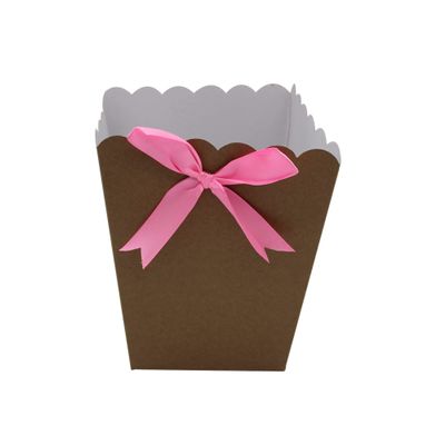 FELANAS 6 Pack Brown Popcorn Boxes with Light Pink Ribbon | Great for Movies, Baseball, Night Decorations, Candy Boxes Party Favors | 17 x 17 x 21 CM : 6.8"x 6.8"x 8.5" | 6 Popcorn Cups with Ribbon