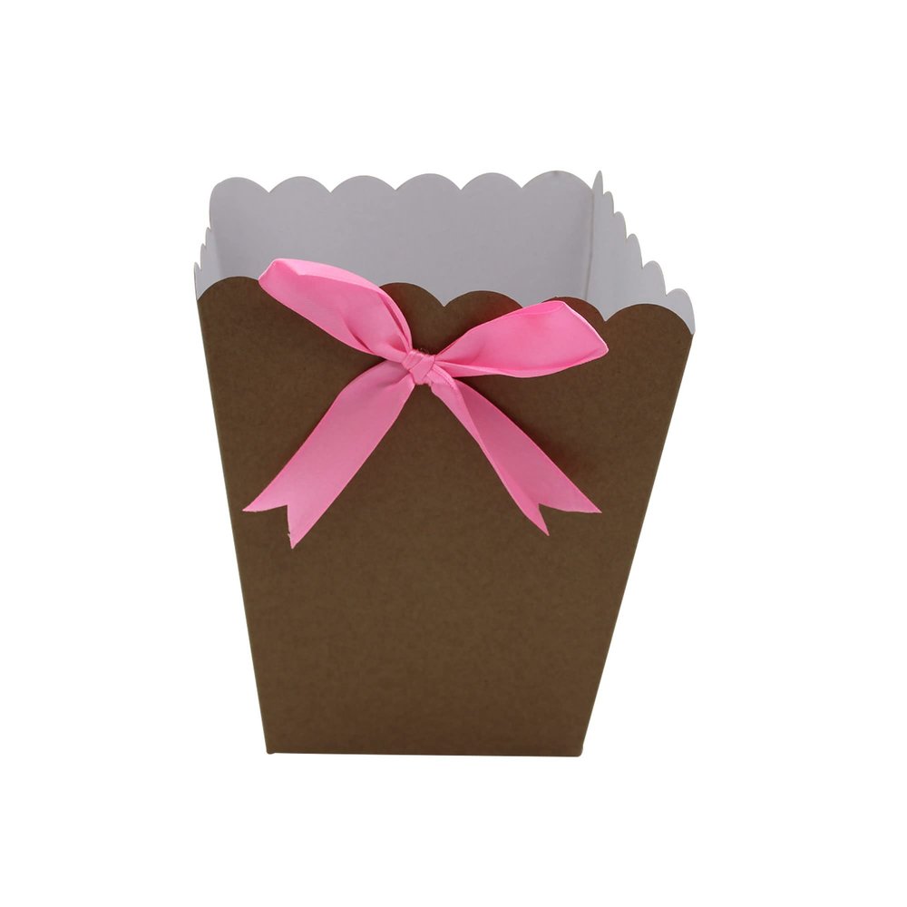 FELANAS 6 Pack Brown Popcorn Boxes with Light Pink Ribbon | Great for Movies, Baseball, Night Decorations, Candy Boxes Party Favors | 17 x 17 x 21 CM : 6.8"x 6.8"x 8.5" | 6 Popcorn Cups with Ribbon