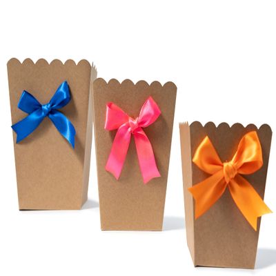 FELANAS 6 Pack Brown Popcorn Boxes with Multicolor Ribbon | Great for Movies, Baseball, Night Decorations, Candy Boxes Party Favors | 17 x 17 x 21 CM : 6.8"x 6.8"x 8.5" | 6 Popcorn Cups with Ribbon