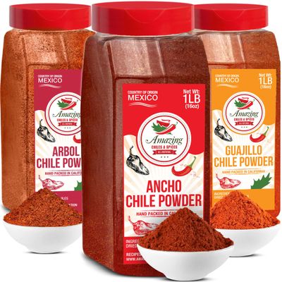 Chile Powder Variety Pack (48 oz Total) Ancho, Guajillo & Arbol for Authentic Mexican Flavor Pure Ground Dried Chiles for Moles, Salsas, Sauces, Stews, Rubs, Tamales by Amazing Chiles & Spices