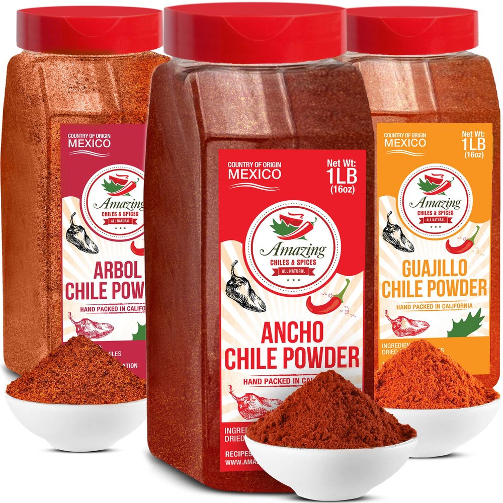 Chile Powder Variety Pack (48 oz Total) Ancho, Guajillo & Arbol for Authentic Mexican Flavor Pure Ground Dried Chiles for Moles, Salsas, Sauces, Stews, Rubs, Tamales by Amazing Chiles & Spices