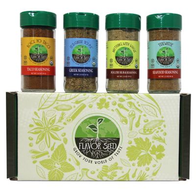 Organic Seasoning Gift Set by Flavor Seed, 4 Glass Shaker Jars of Organic Spice Blends for Grilling & Cooking - Gluten Free, Kosher, Vegan, Non-GMO