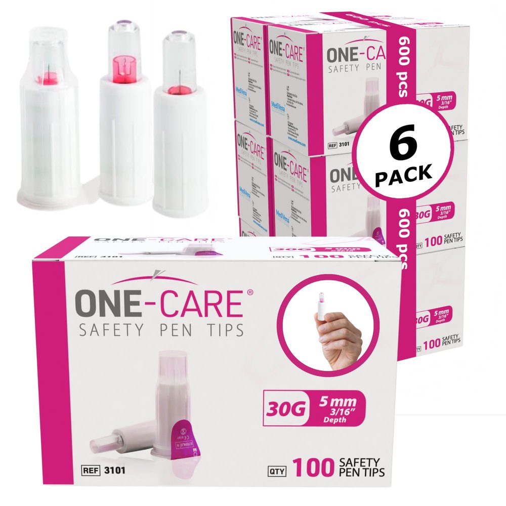 600 Pieces/Pack ONE-CARE Safety Pen Tips, 30G x 5mm, Compatible with Most Pens, Case of 600 (6 x 100/bx)