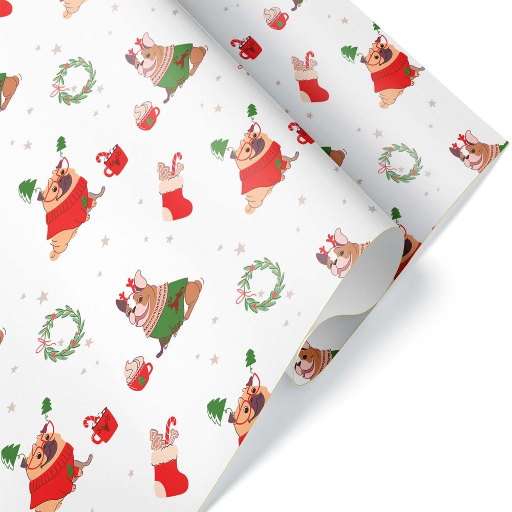 Chubby French Bulldog Christmas Wrapping Paper, White Frenchie Holiday Gift Wrap Party Decoration (White, 6 foot x 29 inch roll)