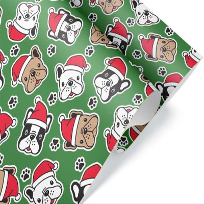 Santa French Bulldog Christmas Wrapping Paper, Holiday Puppy Gift Wrap Party Decoration (Green, 12 foot x 29 inch roll)