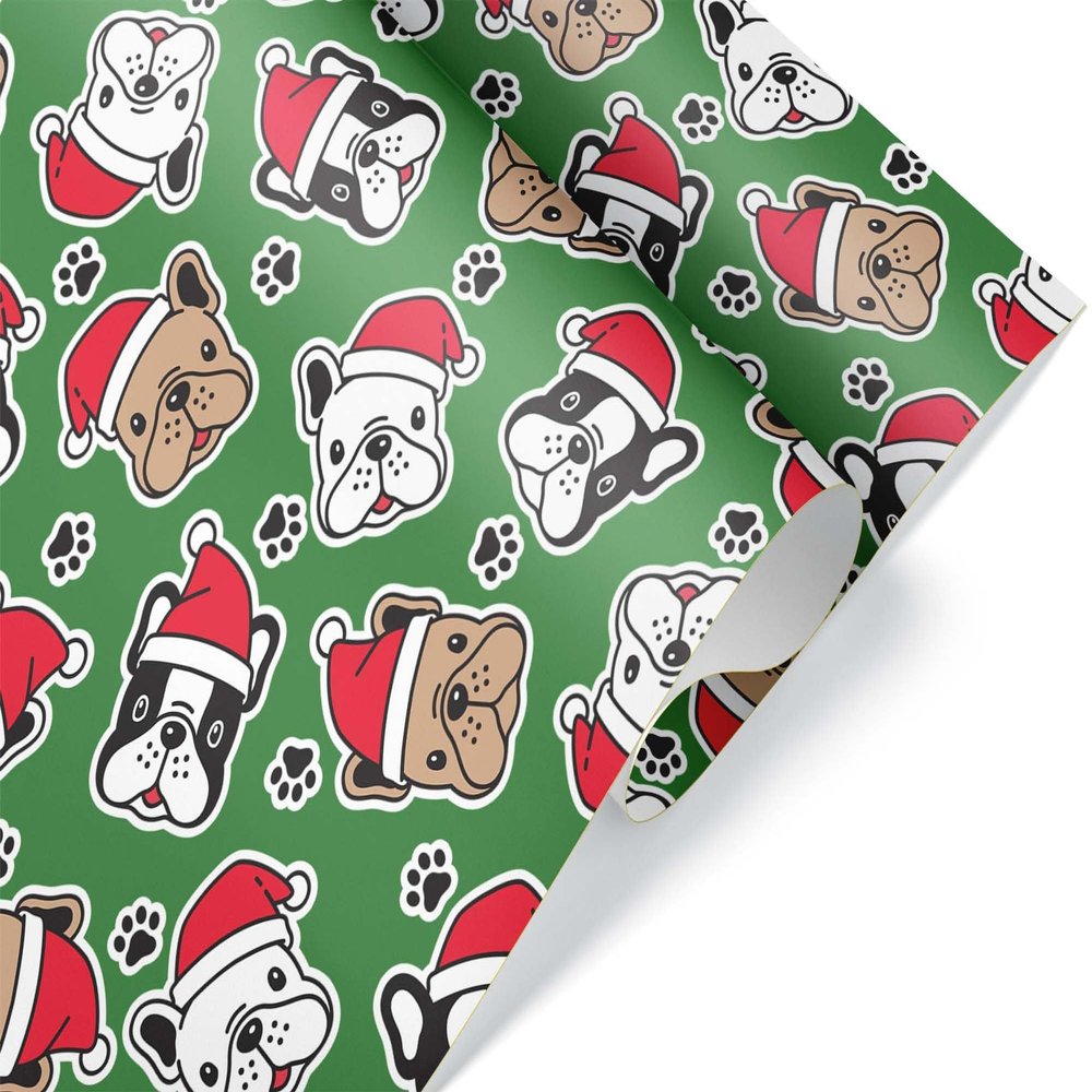 Santa French Bulldog Christmas Wrapping Paper, Holiday Puppy Gift Wrap Party Decoration (Green, 12 foot x 29 inch roll)