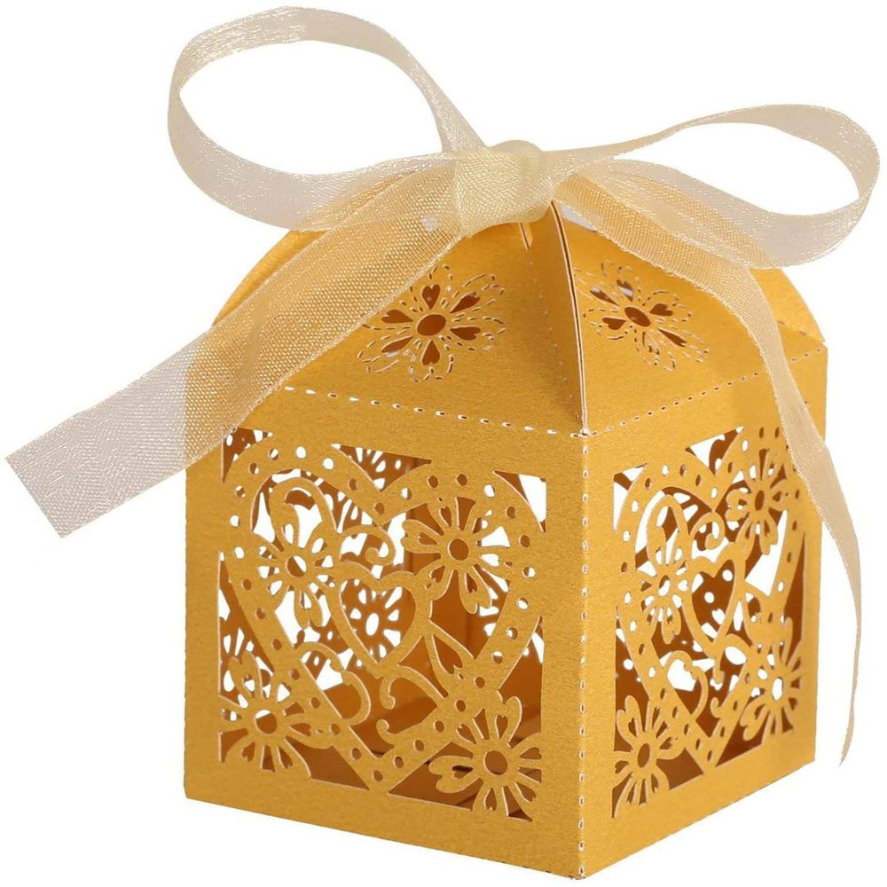 50 Pack Laser Cut Love Heart Wedding Candy Boxes with Ribbon Party Favor Boxes Small Gift Boxes for Wedding Bridal Shower Anniversary Birthday Party (01, Gold)