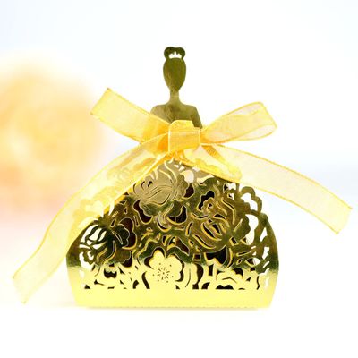 50 Pack Laser Cut Girl Rose Wedding Candy Boxes with Ribbon Party Favor Boxes Small Gift Boxes for Wedding Bridal Shower Anniversary Birthday Party (Metallic Gold)