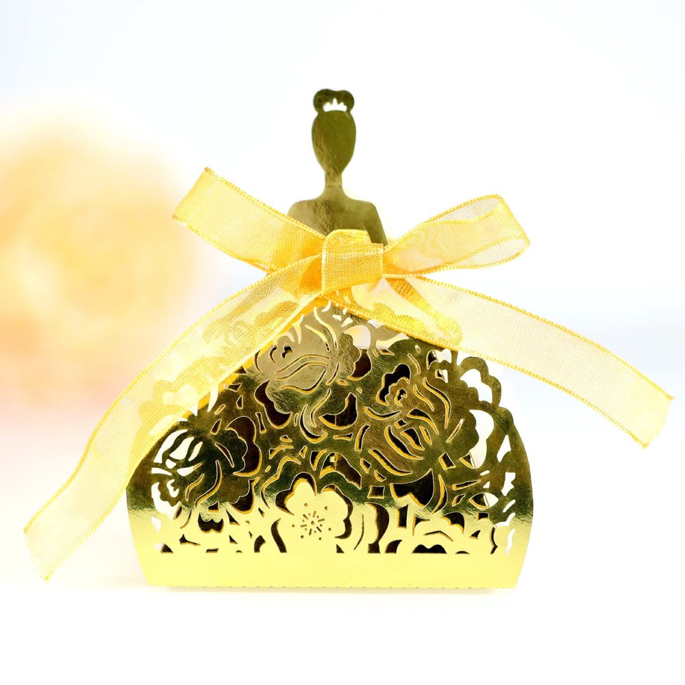 50 Pack Laser Cut Girl Rose Wedding Candy Boxes with Ribbon Party Favor Boxes Small Gift Boxes for Wedding Bridal Shower Anniversary Birthday Party (Metallic Gold)