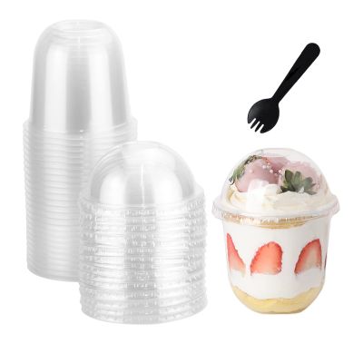 MR.FOAM 12oz Disposable Clear Plastic Cups with Lids ,25 Pack Dessert for Parfait Ice Cream Fruit Iced Cold Drinks Wedding Thanksgiving Halloween Christmas Party (No Hole), 50 Count (Pack of 1)