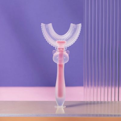 [Upgraded] U Shaped Toothbrush Kids Toddler Baby Toothbrushes 360 Degree Round Tooth Brush Extra Soft, Food Grade Silicone (Large (Age 6-12), Pink)