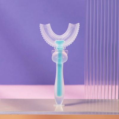 [Upgraded] U Shaped Toothbrush Kids Toddler Baby Toothbrushes 360 Degree Round Tooth Brush Extra Soft, Food Grade Silicone (Small (Age 2-6), Blue)