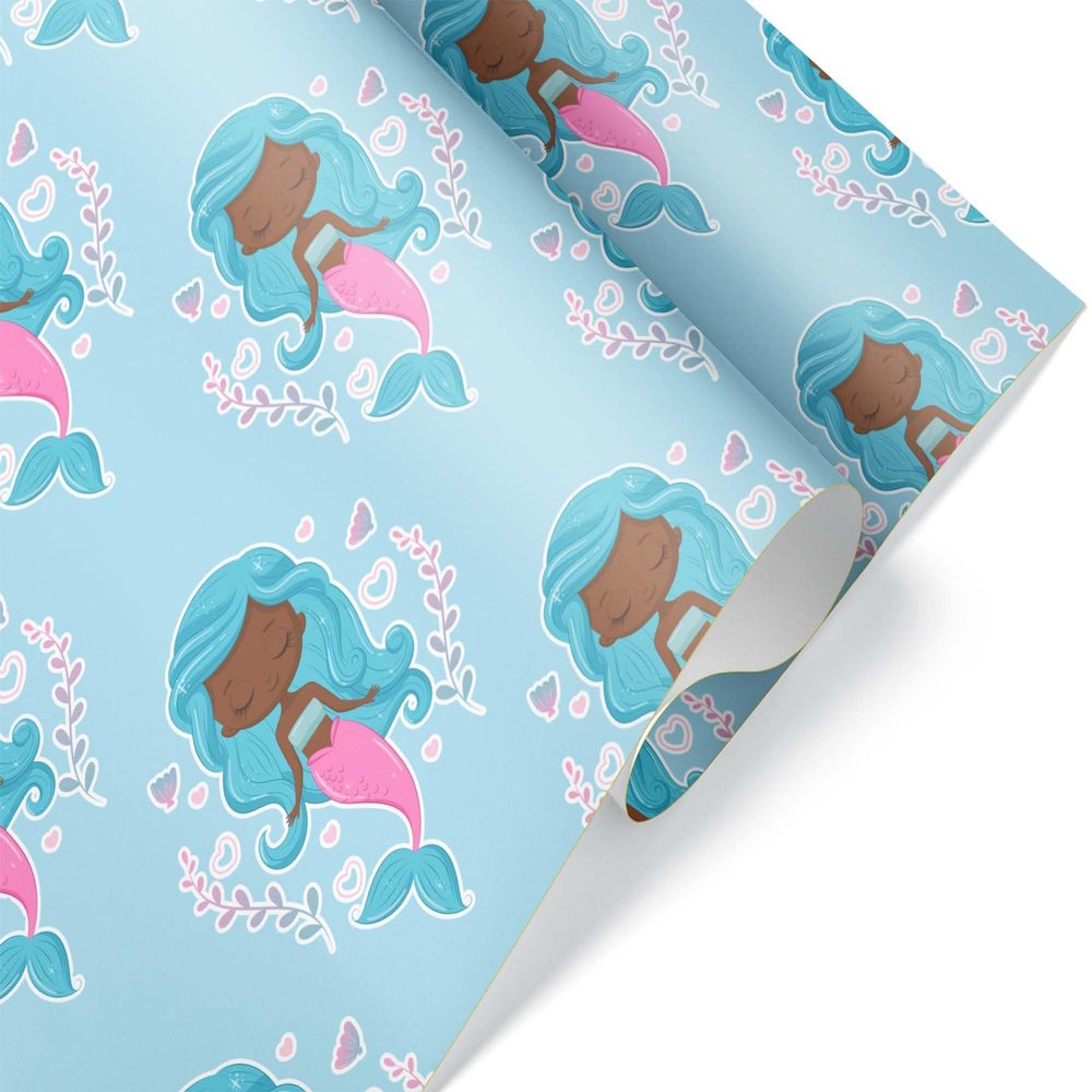 African American Black Mermaid Premium Blue Wrapping Paper Gift Wrap Birthday Present Party Decoration (12 foot x 30 inch roll)