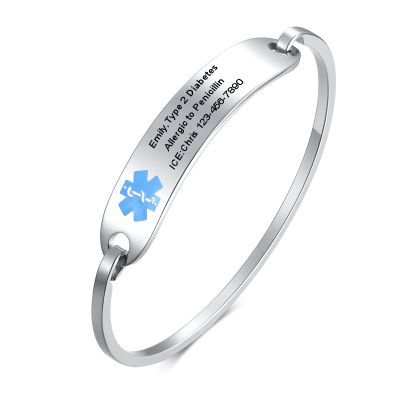 VNOX Medical Alert ID Bracelet for Women - Free Engraving-Stainless Steel Medical Alert ID Bangle Bracelet,5.7-6.9", Blue