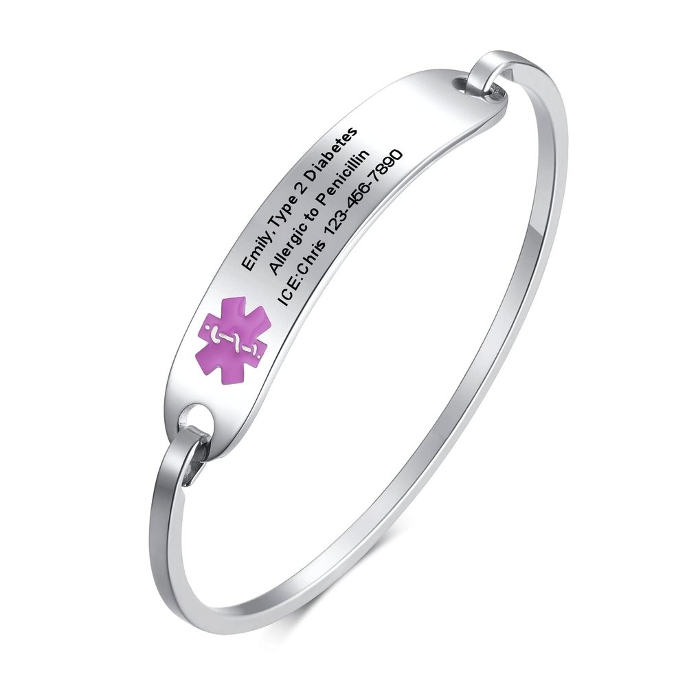 VNOX Medical Alert ID Bracelet for Women Free Engraving-Stainless Steel Medical Alert ID Bangle Bracelet,5.7-6.9"