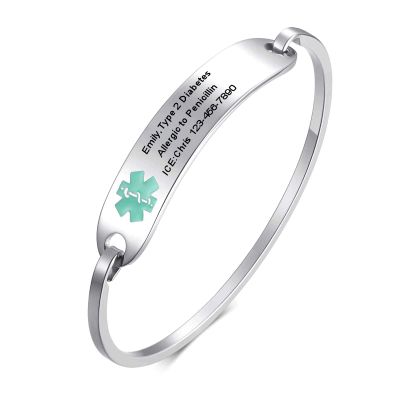 VNOX Medical Alert ID Bracelet for Women s Free Engraving-Stainless Steel Medical Alert ID Bangle Bracelet,5.7-6.9",Green