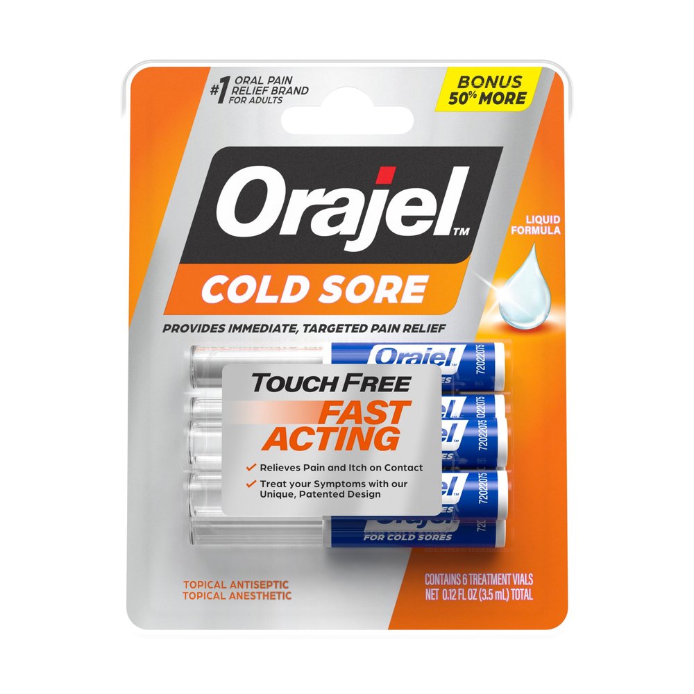 Orajel Touch Free Cold Sore Treatment .12oz, Liquid Formula, Provides Immediate & Targeted Pain Relief, Bonus Size, 6 Applicators.