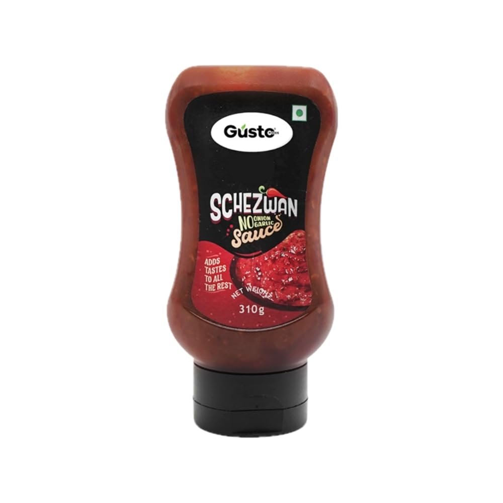 Gusto Foods No Garlic No Onion Schezwan Sauce 10.9oz (310 gm) | Jain schezwan sauce no onion no garlic | Ready To Use | Made with fresh Ingredients | Hot Spicy Chilli Dip Schezwan