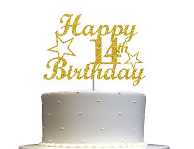 14 Birthday Cake Topper Gold Glitter, Party Decoration Ideas, Premium Quality, Sturdy Doubled Sided Glitter, Acrylic Stick. Made in USA (14th)