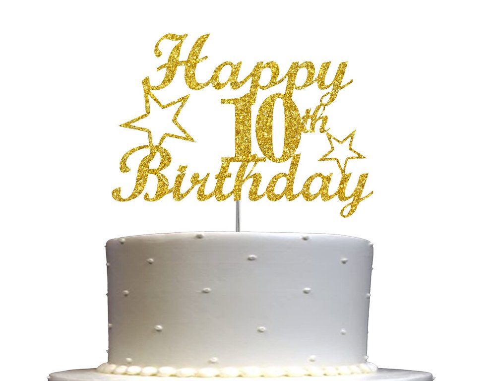 10 Birthday Cake Topper Gold Glitter, Party Decoration Ideas, Premium Quality, Sturdy Doubled Sided Glitter, Acrylic Stick. Made in USA (10th)
