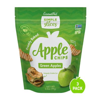 Simple Slices Gourmet Nut Baked Apple Chips, USA Grown Sliced Dried Apples, Healthy Non GMO Vegan Snack For Adults & Kids, Naturally Sweet, No Added Sugar, Green Apples, 3.5oz Individual Bags, 3 Pack