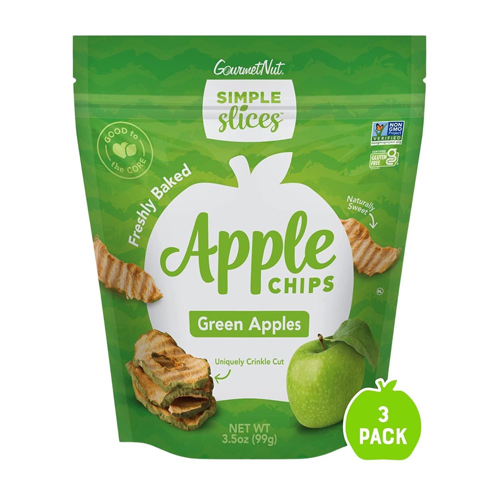 Simple Slices Gourmet Nut Baked Apple Chips, USA Grown Sliced Dried Apples, Healthy Non GMO Vegan Snack For Adults & Kids, Naturally Sweet, No Added Sugar, Green Apples, 3.5oz Individual Bags, 3 Pack