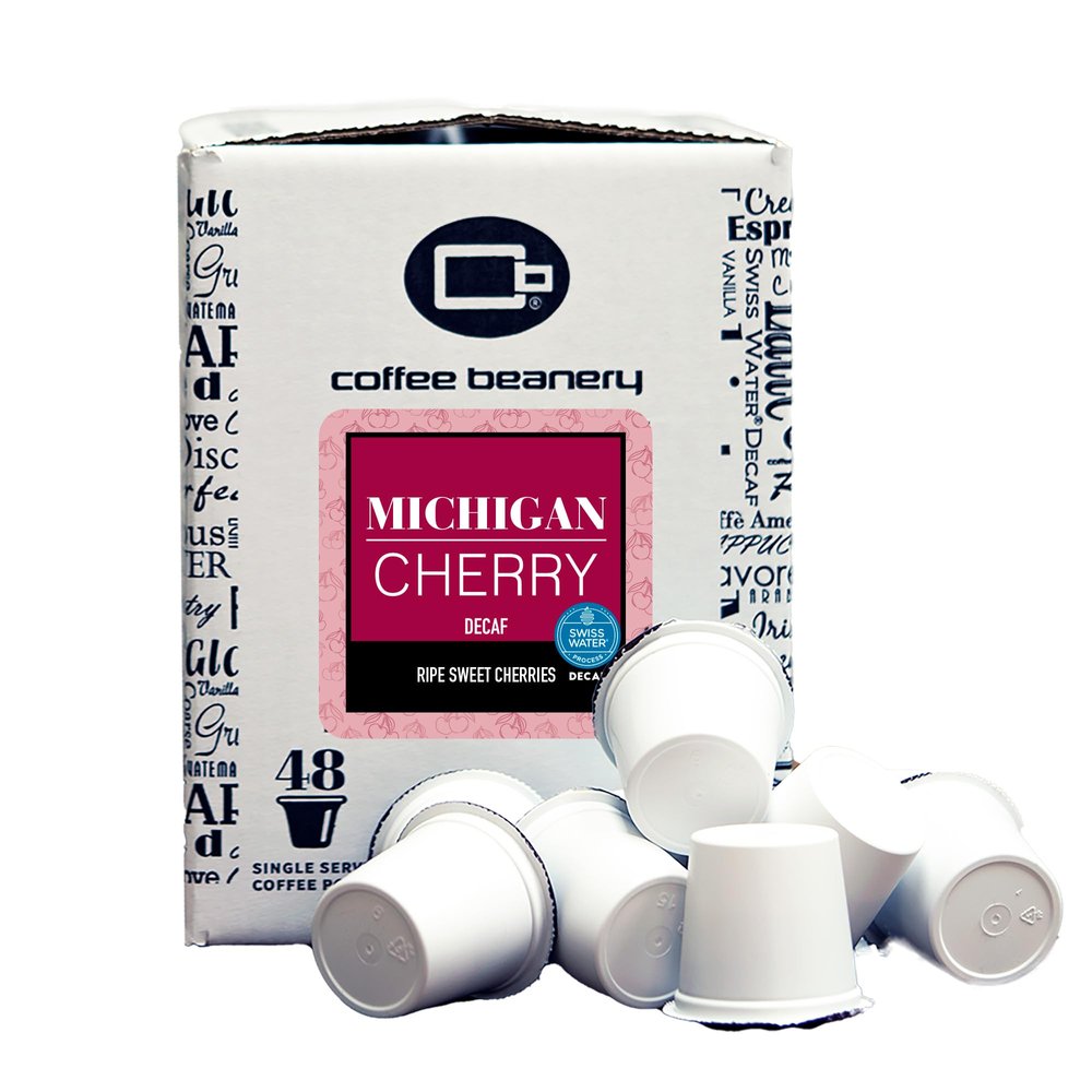 Coffee Beanery Michigan Cherry Decaf Pods | 48ct Bulk Flavored Medium Roast | 100% Specialty Arabica Gourmet Coffee