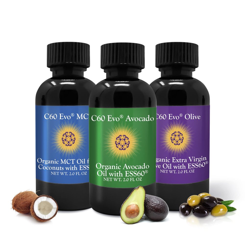 C60 Evo All-Natural Edible Oils, Mini Oil Sampler Set with Pure C60 ESS60, Immune Support and Joint Support Supplement with Olive Oil, Avocado Oil & MCT Coconut Oil, Set of 3, 2 oz