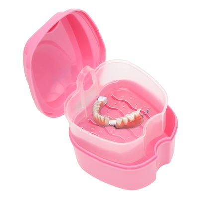 Denture Case, Denture Cup with Strainer, Coolrunner Denture Bath Box False Teeth Storage Box with Basket Net Container Holder for Travel, Retainer Cleaning(Pink