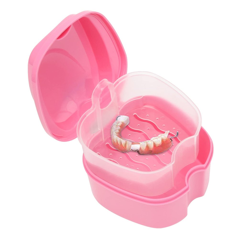 Denture Case, Denture Cup with Strainer, Coolrunner Denture Bath Box False Teeth Storage Box with Basket Net Container Holder for Travel, Retainer Cleaning(Pink