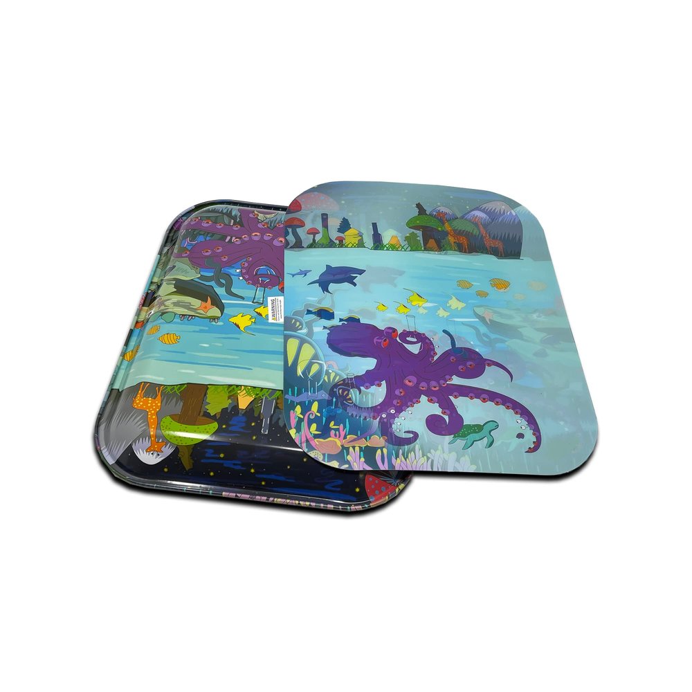 Jungle Hive Jumbo Rolling Tray | Magnetic lid | 3D Holographic | 3 Side Printing | Finish with Smooth Rounded Edges | Psychedelic Art (13.5x11.3) (Deep Octopus) (JRT3DH)