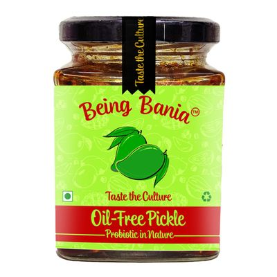 Being Bania Homemade Oil Free Mango Pickle in Jar, Aam ka Achar Authentic and Traditional Flavours No Added Preservatives & Additives Chatpata Achar Gourmet Pickles Oil Less 250g