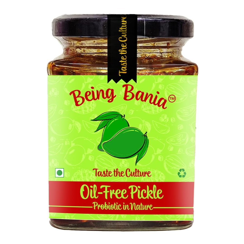 Being Bania Homemade Oil Free Mango Pickle in Jar, Aam ka Achar Authentic and Traditional Flavours No Added Preservatives & Additives Chatpata Achar Gourmet Pickles Oil Less 250g