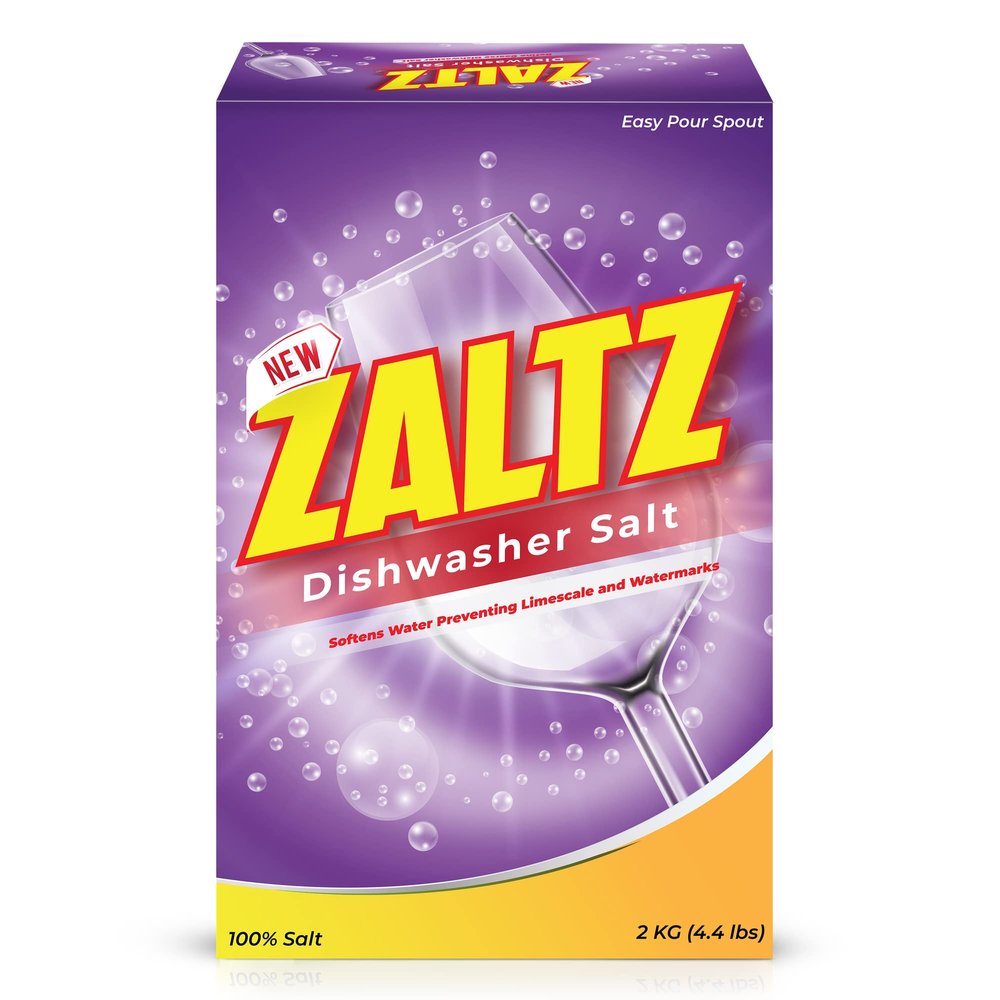 Zaltz Dishwasher Salt - Water Softener, Cleaner, Rinse Aid With Easy Pour Spout - Real Salt For Dishwashers, 4.4 lb Box