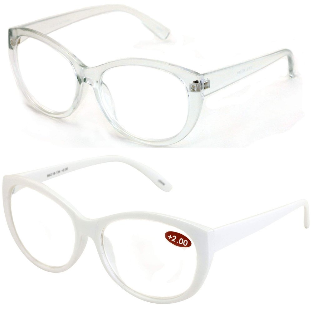 2 Pairs Deluxe Women Reading glasses - Magnified Readers Cateye Vintage Jackie Oval (1 White 1 Clear, 1.25)