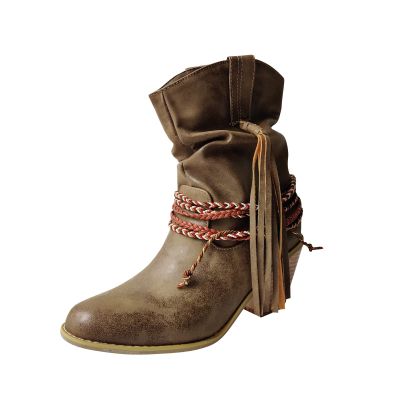 Womens Vintage Fringed Mid Calf Boots - Chunky Heel Pointed Toe Strap Lace Up High Heel Slip-on Boots Winter Solid Comfy Casual Stacked Heel Shoes
