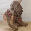 Womens Vintage Fringed Mid Calf Boots - Chunky Heel Pointed Toe Strap Lace Up High Heel Slip-on Boots Winter Solid Comfy Casual Stacked Heel Shoes view 2