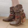 Womens Vintage Fringed Mid Calf Boots - Chunky Heel Pointed Toe Strap Lace Up High Heel Slip-on Boots Winter Solid Comfy Casual Stacked Heel Shoes view 4
