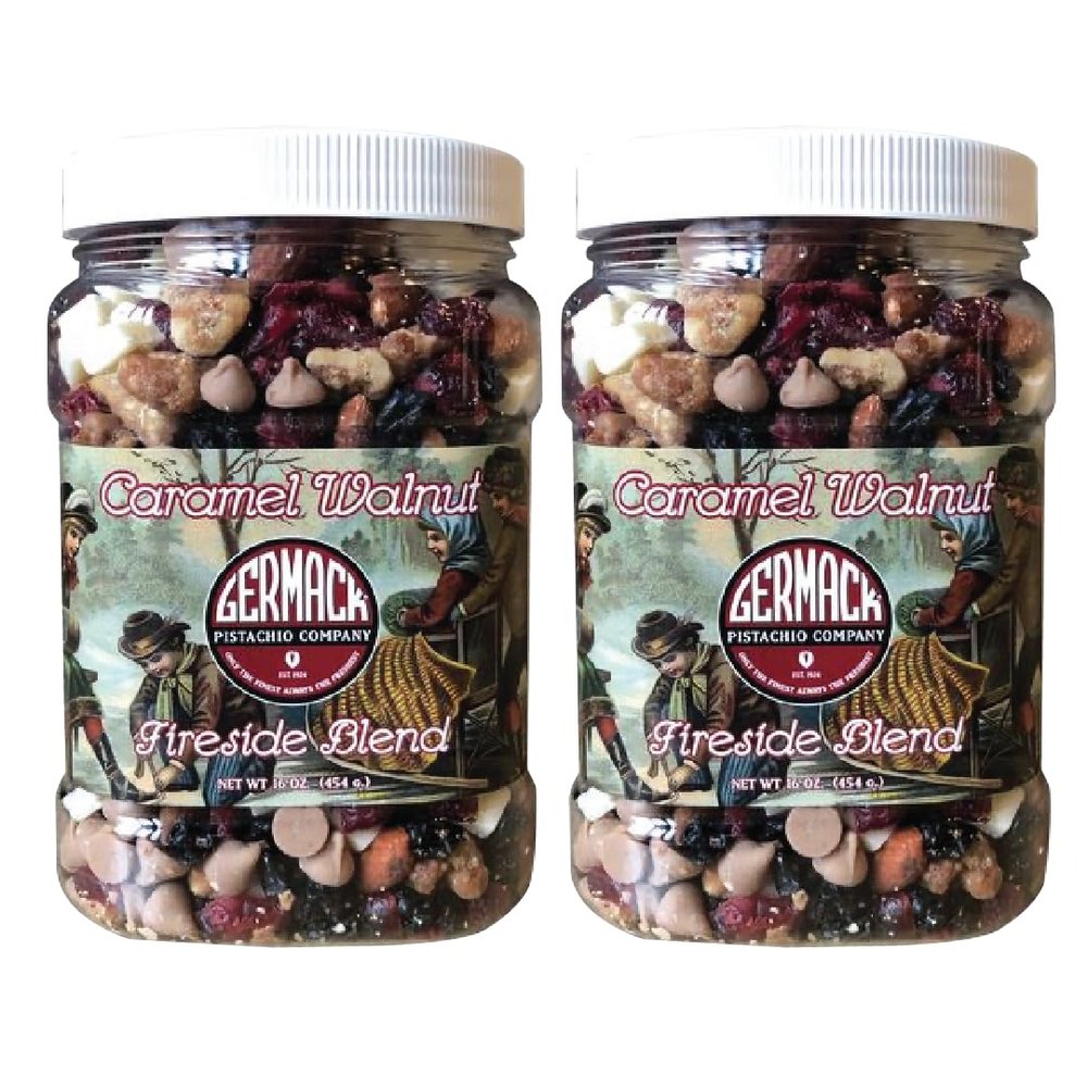Germack Pistachio Company Holiday Gourmet Caramel Chocolate Walnut Almonds Dried Fruit Trail Nut Mix, 16oz Fireside Blend, Set of 2