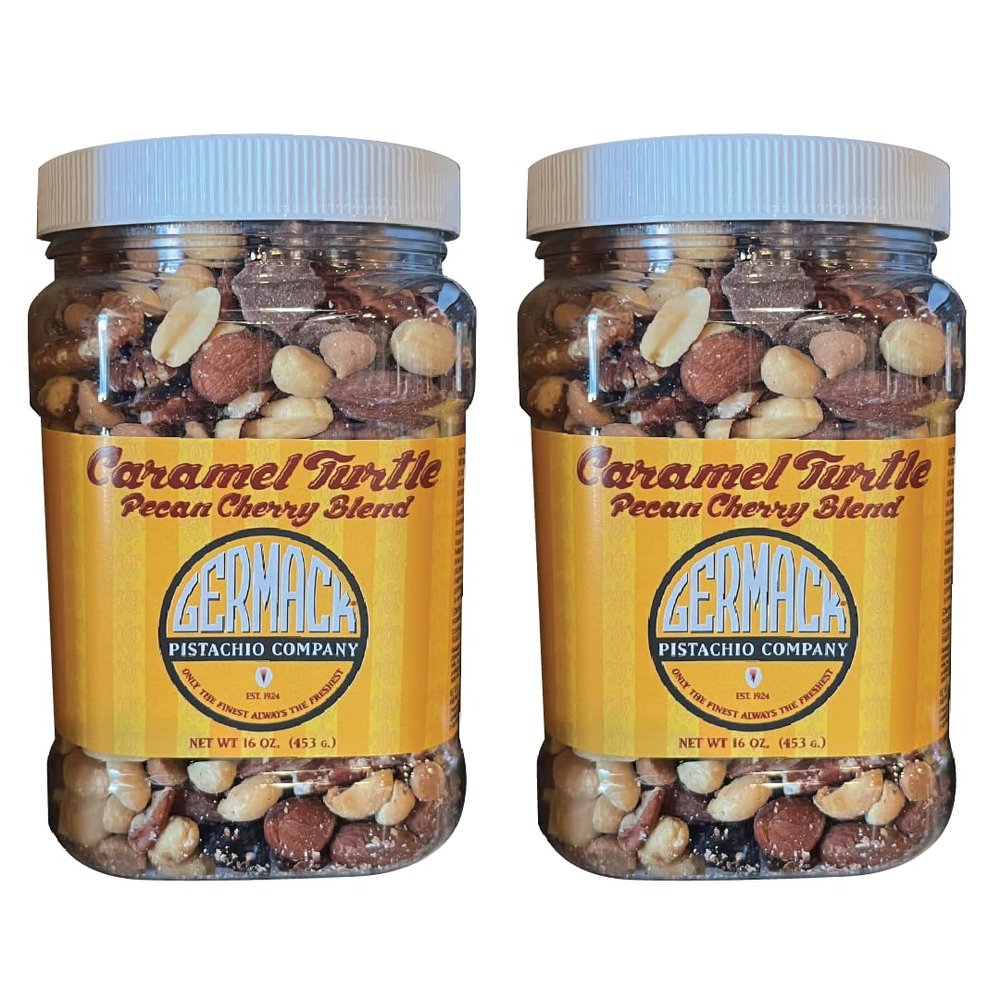 Germack Pistachio Company Holiday Gourmet Chocolate Nut Trail Mix with Caramel Turtles, Pecans, Dried Cherries, Almonds, Peanuts, Peanut Butter Drops, 16oz, Set of 2