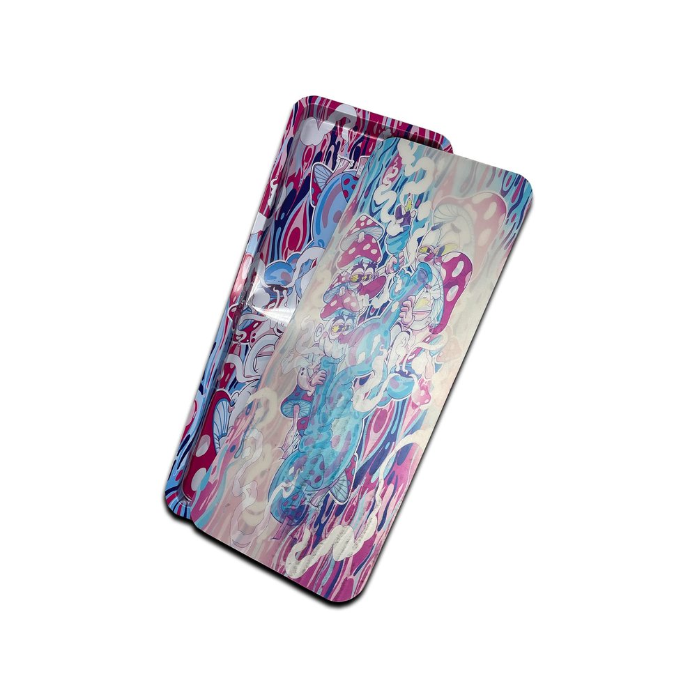 Rolling Tray with Magnetic lid | 3D Holographic | 3 Side Printing | Durable, Metal Base, Organize All Rolling Needs | Perfect for Parties, and Wax (16.5x6.6) (Mushroom High)