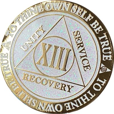 13 Year AA Medallion Reflex White Glitter Gold Plated Color Chip