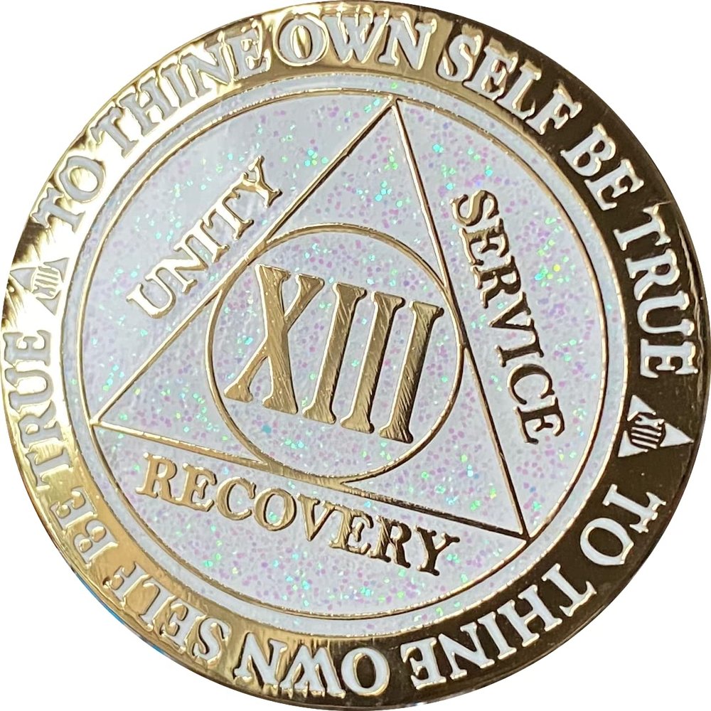13 Year AA Medallion Reflex White Glitter Gold Plated Color Chip