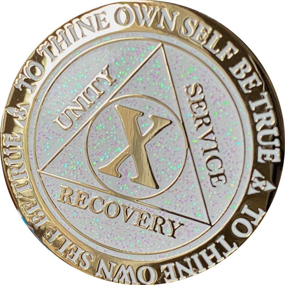 10 Year AA Medallion Reflex White Glitter Gold Plated Color Chip