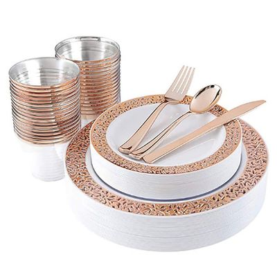 144-Piece Disposable Tableware Set Plastic Plate Plastic Cup Tableware Set,B