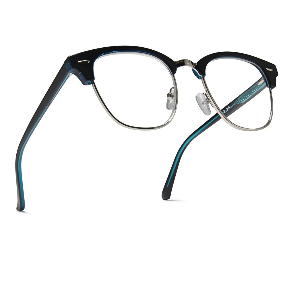 2SeeLife Premium Half Rim Reading Glasses Women & Men - Fits all Face Shapes, Metal & Sturdy Readers, Spring Hinges, Blue, +1.25
